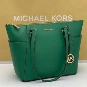 MICHAEL KORS Charlotte Large Leather Top-Zip Tote  Green NWT